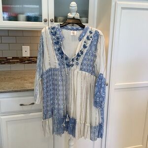 Blue and White Women's Mini Dress Made in India Pullover V-Neck Boho